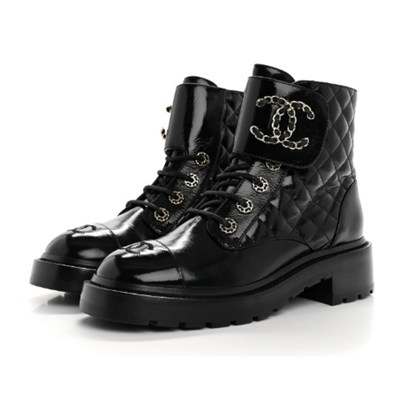 CHANEL Shiny Calfskin Quilted Lace Up Combat Boots with Metal Logo Black EU 37 - Picture 1 of 9